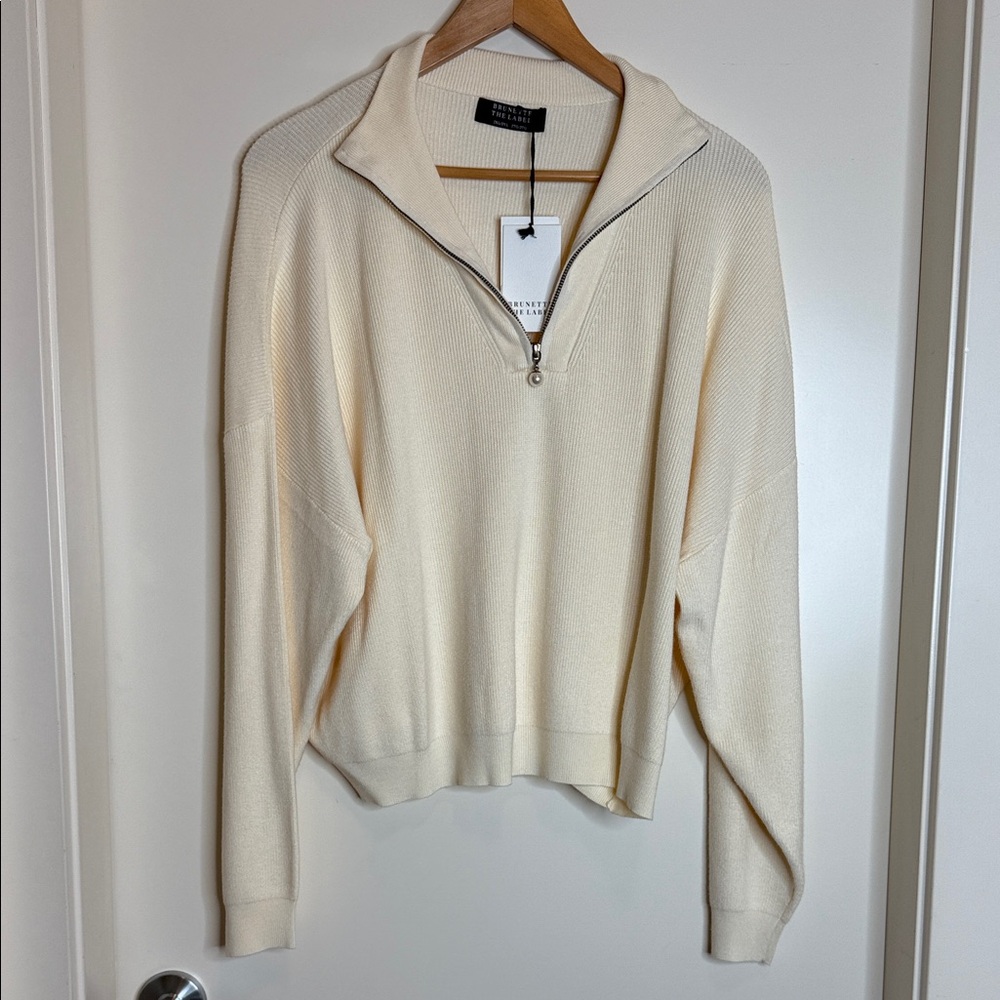 Brunette The Label Cream Half-Zip Ribbed Knit Popover Sweater